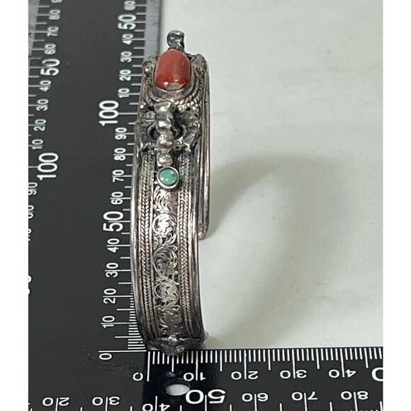VTG Sterling Silver Turquoise Red Coral Cuff Bracelet- Ornate Design Adjustable - Picture 14 of 15